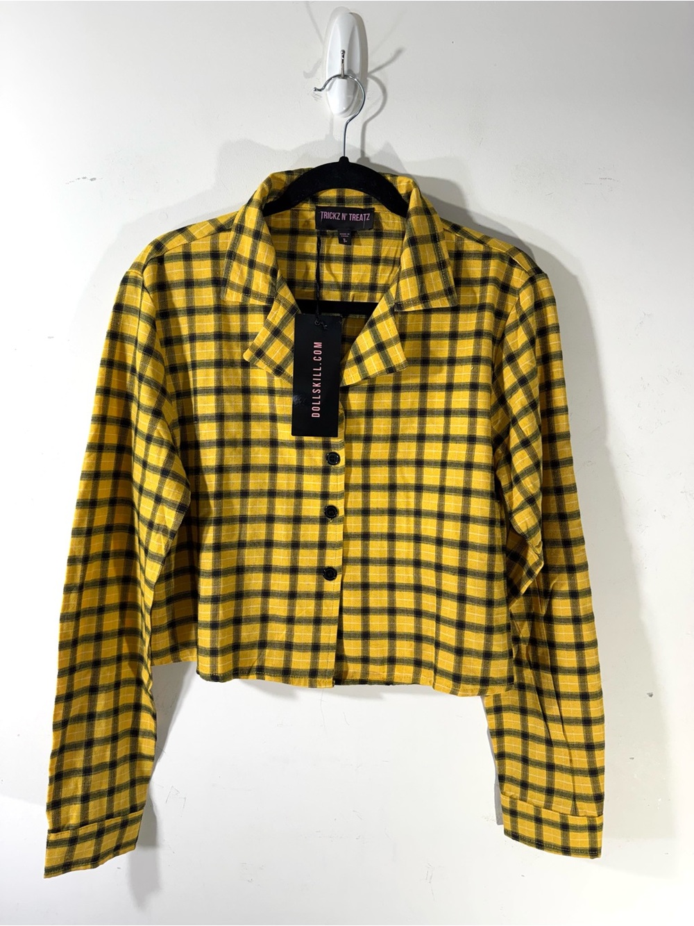 Dollskill Trickz N' Treatz Like Whatever Yellow Plaid Button Shirt Large NEW